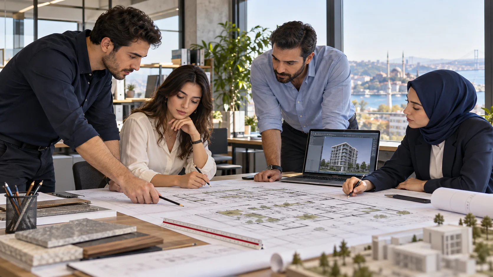 Proje planlarını birlikte değerlendiren temsili ofis ekibi