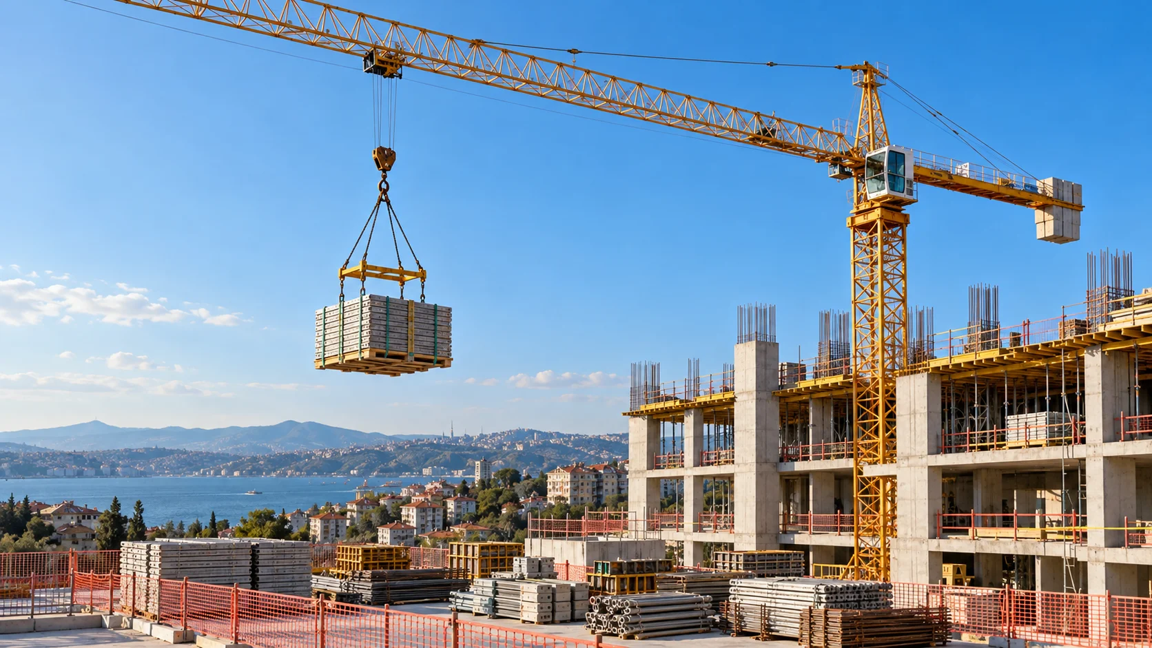 Malzeme kaldırma çalışması yapan temsili kule vinç